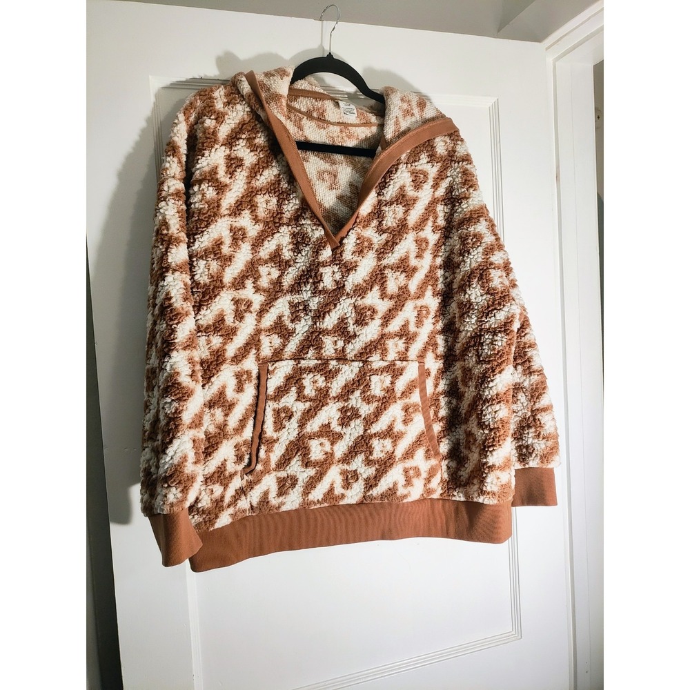 PINK Victoria's Secret XL Leopard Sherpa Hoodie Brown Cream Fleece Pullover